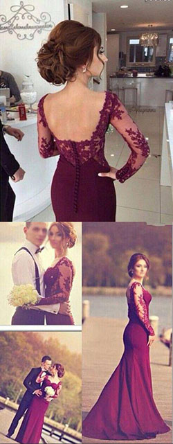 2016 sirena vestidos de noche rojo oscuro manga larga encaje espalda abierta largo boda…: 