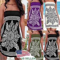 US mujeres verano Vintage Boho corto Maxi vestido fiesta playa vestido Floral Sundress: 