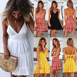 US Womens sin mangas Holiday Lace Beachwear Ladies Summer Beach Swing Sundress: vestido de vacaciones,  Vestido sin mangas de mujer  