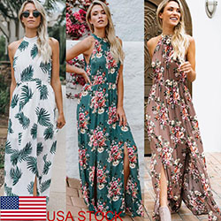 Vestido de verano sin mangas para mujer de EE. UU. Floral Boho Maxi Halter Beach Party: Vestido sin mangas de mujer  
