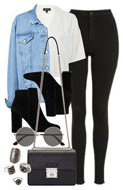 Black Outfits Polyvore, Fall Outfit Casual wear, Jean jacket: Jeans negros,  trajes de invierno,  cuello polo,  Atuendos De Otoño,  Trajes de polívoro,  Trajes Polyvore  