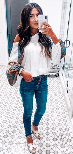 - jeans, denim, moda, hombro: Atuendos Informales  