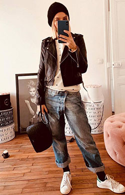 Vaqueros estilo calcetín de baloncesto: Chaqueta de cuero,  Zapatos deportivos,  Ideas de ropa de calle  