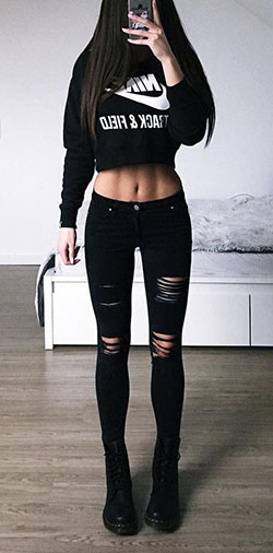 Conjunto adolescente jeans negros: Pantalones rasgados,  Conjunto De Vaqueros Negros,  top corto,  Pantalones ajustados  