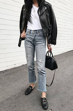 Chaqueta de cuero, pantalones vaqueros de mamá: Chaqueta de cuero,  Vaqueros de mamá,  Zapato oxford,  Ideas de ropa de calle  