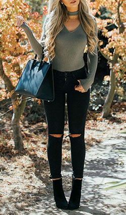 Lindos atuendos para el otoño: Pantalones rasgados,  Conjunto De Vaqueros Negros,  trajes de invierno  