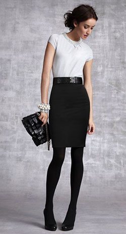 Falda y medias negras, falda lápiz: Falda de patinadora,  Falda de tubo,  Trajes De Falda,  Atuendos Informales  