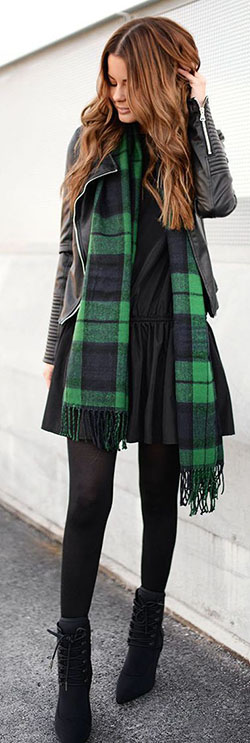 Traje de bufanda de cuadros verdes, chaqueta de cuero: trajes de invierno,  Trajes De Bufandas  