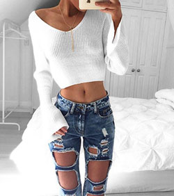 Jeans desgastados rasgados mujer, Ropa casual: traje de mezclilla azul,  Pantalones rasgados,  top corto,  Pantalones ajustados,  Atuendos Informales  