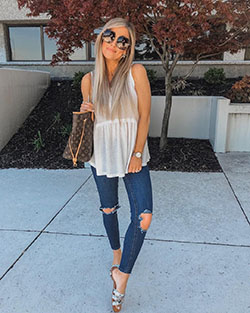 Ropa casual Brunch Outfit Ideas, pantalones ajustados: Pantalones rasgados,  Camisa sin mangas,  Pantalones ajustados,  Atuendos Informales,  Traje de brunch  