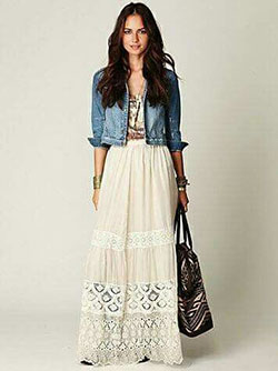 Vestido bohemio con chaqueta vaquera.: chaqueta de jean,  estilo bohemio,  vestido largo,  Zapatos de vestir maxi  