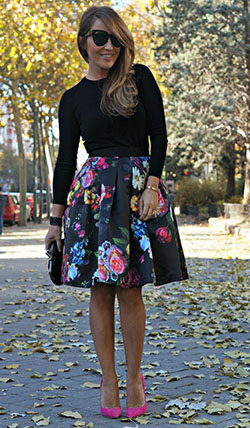 Traje casual con falda midi: trajes de fiesta,  Vestido de noche,  Zapato de tacón alto,  Alfiler de solapa,  falda de flores,  Atuendos Informales,  Traje De Falda Midi  