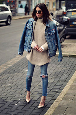 Conjunto de chaqueta vaquera extragrande de Baddie: Pantalones rasgados,  chaqueta de jean,  Pantalones ajustados,  Estilo callejero,  Atuendos Informales,  Chaqueta de mezclilla  