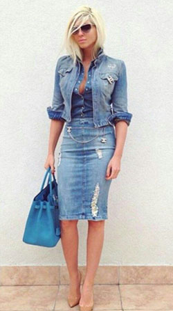 Traje de mezclilla hermoso y elegante, ropa casual: Trajes De Mezclilla,  Falda de mezclilla,  chaqueta de jean,  camisas,  Falda de tubo,  Atuendos Informales  