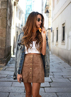Estilo característico para conjunto de falda de ante, chaqueta vaquera: chaqueta de jean,  Trajes De Falda  