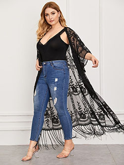 Plus Fringe Hem Embroidery Mesh Kimono For Women: Kimono Outfit Ideas,  kimono outfits,  Kimono Long  