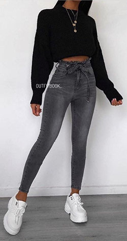 Pantalones vaqueros lisos con cintura paperbag: Bolsa de papel,  Trajes de moda,  Atuendos Informales,  PANTALONES DE MEZCLILLA  