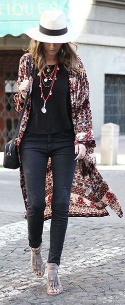 Outfit con kimono negro, Kimono floral: trajes de kimono,  Atuendos Informales  
