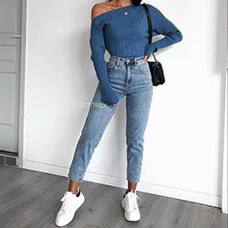 Outfits de mom jeans para la escuela: trajes de invierno,  Vaqueros de mamá,  Trajes de moda,  Atuendos Informales  