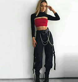 Elección de las mujeres streetwear de hoy, moda hip hop: pantalones tipo cargo,  Pantalones capri,  Atuendos Informales,  Traje de tops de tubo  