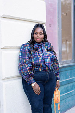 Conjunto color azul con blusa, tartan, denim: traje de talla grande,  traje azul  