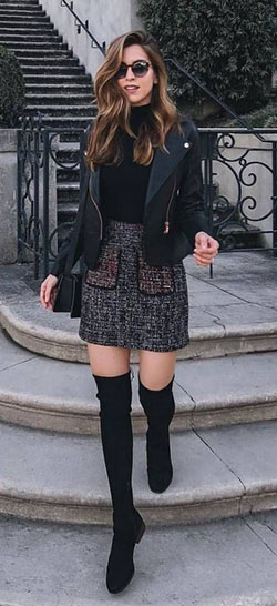 Ideas de vestidos outfits para posadas, chamarra de cuero, ropa casual, cuello polo: Chaqueta de cuero,  cuello polo,  vestidos de invierno con clase  