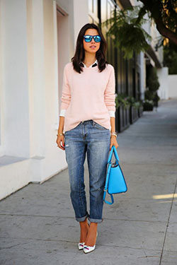 Traje estilo suéter rosa jeans, moda callejera, chaqueta de jean.: Estilo callejero,  Moda con clase  