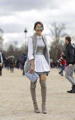 Traje de chaleco de piel gris botas altas hasta el muslo, moda callejera: ropa de piel,  modelo,  Estilo callejero,  Moda con clase  