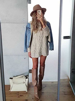 Combina Pinterest con chaqueta de jean, suéter, sombrero de fieltro: Cuello redondo,  chaqueta de jean,  Estilo callejero,  Levi Strauss y compañía,  vestidos de invierno con clase  