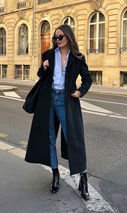 Estilo callejero de abrigo largo negro para mujer: gabardina,  Estilo callejero,  vestidos de invierno con clase  