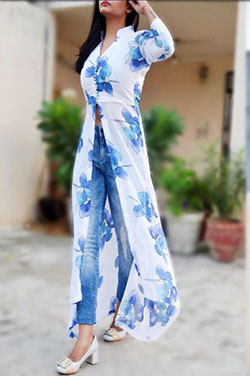 Kurti largo simple de corte lateral con jeans: modelo,  bola kurti,  Azul cobalto,  Azul eléctrico,  Outfit Azul Eléctrico Y Azul Cobalto,  Combinación de jeans y kurti  