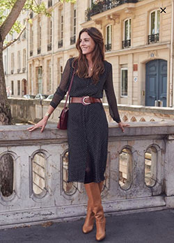 Vestido con botas marrones, moda callejera, modelo de moda, falda lápiz, conjunto de ropa, pasador de solapa, lunares, sézane: Alfiler de solapa,  Falda de tubo,  modelo,  Estilo callejero,  Trajes de viaje,  Traje Marrón  