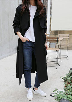 Conjunto de gabardina negra para mujer: gabardina,  Traje de camiseta,  Estilo callejero,  Trajes de viaje  