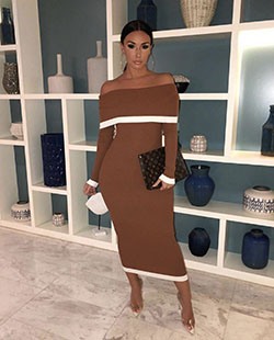 Traje de color moda de mujer con clase, falda lápiz, vestido de noche, ropa formal: Vestido amoldeado al cuerpo,  Vestido de noche,  Falda de tubo,  Ropa formal,  Traje marrón y blanco  