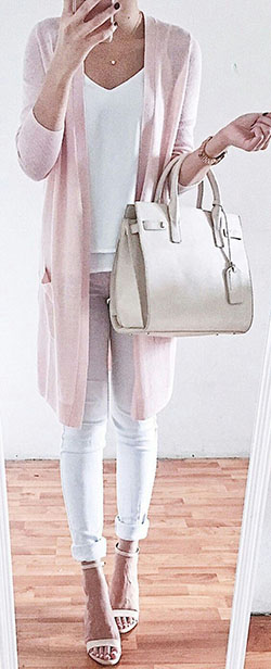Pantalón blanco y cárdigan rosa.: Accesorio de moda,  Traje Blanco Y Rosa,  Conjuntos de cárdigan 2020  