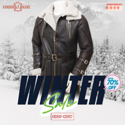 Men’s Double Collar Brown Shearling Leather Coat: 