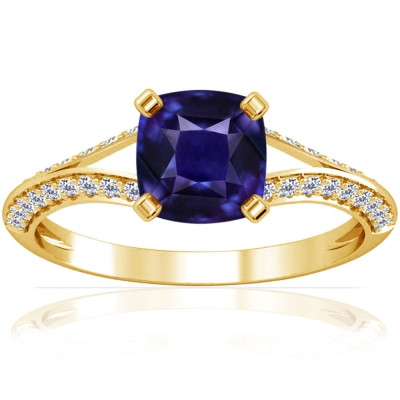 Vibrant Cushion Cut Purple Sapphire Ring with Diamond Accents: 