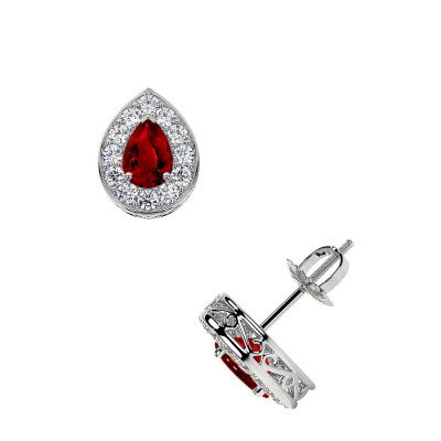 Ruby Pear Shape Earrings With Round Diamonds: 
