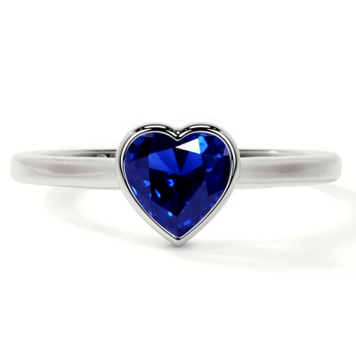 Heart Shaped Blue Sapphire Bezel Set Solitaire Ring: 