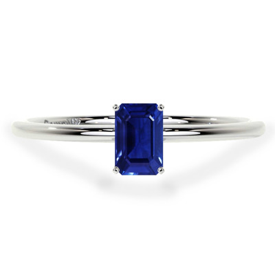 Blue Sapphire Emerald Cut Dainty Four Prong Solitaire Ring: 