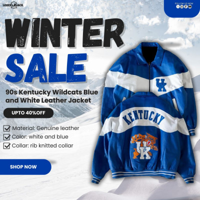 90s Kentucky Wildcats Blue and White Leather Jacket: 