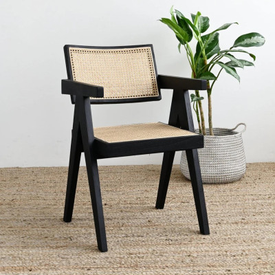 Korina Carver 2pc Set Dining Chair Rattan Wicker Black: 