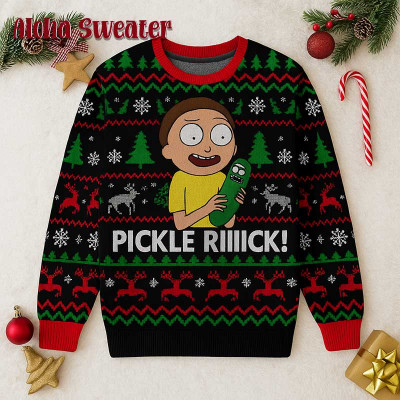 Bestfriend Rick Holding The Pickle Rick And Morty Ugly Christmas Sweater: 