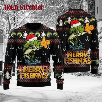 Fish Eating Gingerbeard Merry Fishmas Ugly Christmas Sweater: 