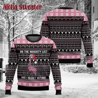 Flamingo On Naughty List Ugly Christmas Sweater: 