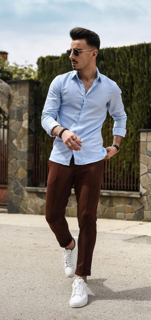 Brown pants outfit men, navy blue: 