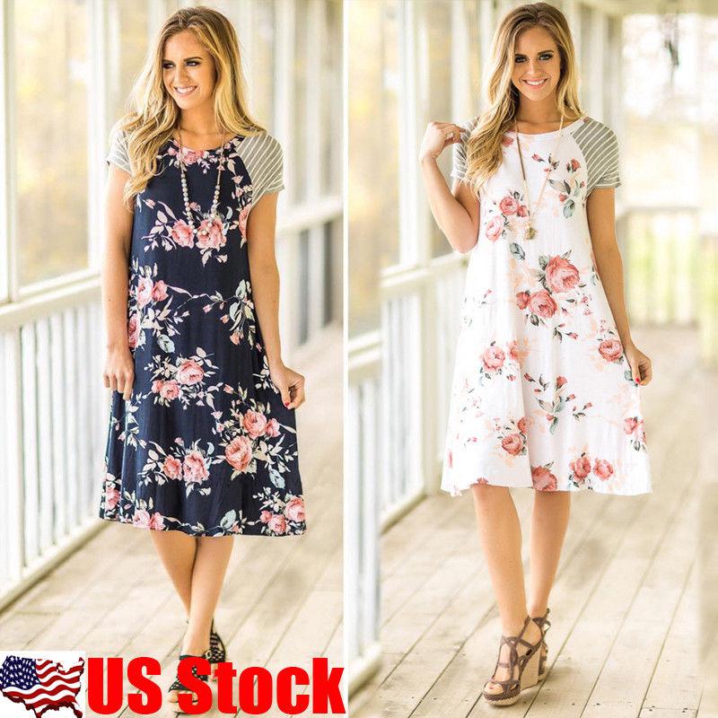 Vestido midi de playa de manga corta bohemio para mujer de verano de EE. UU. Vestido de verano floral casual S-XL: Vestido sin mangas de mujer,  traje de playa  