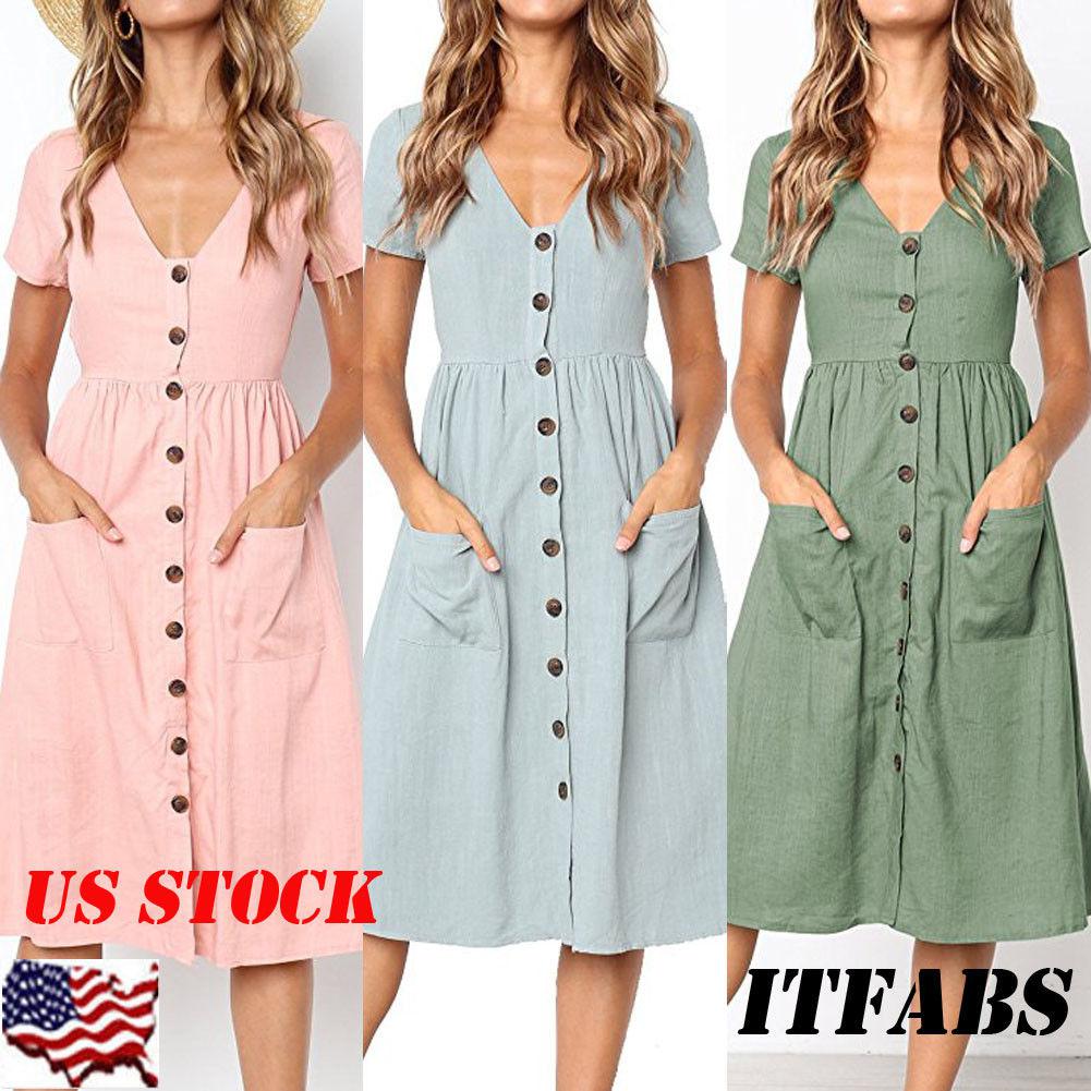 US Vestido midi de manga corta con cuello en V y botones para mujer de verano con bolsillos