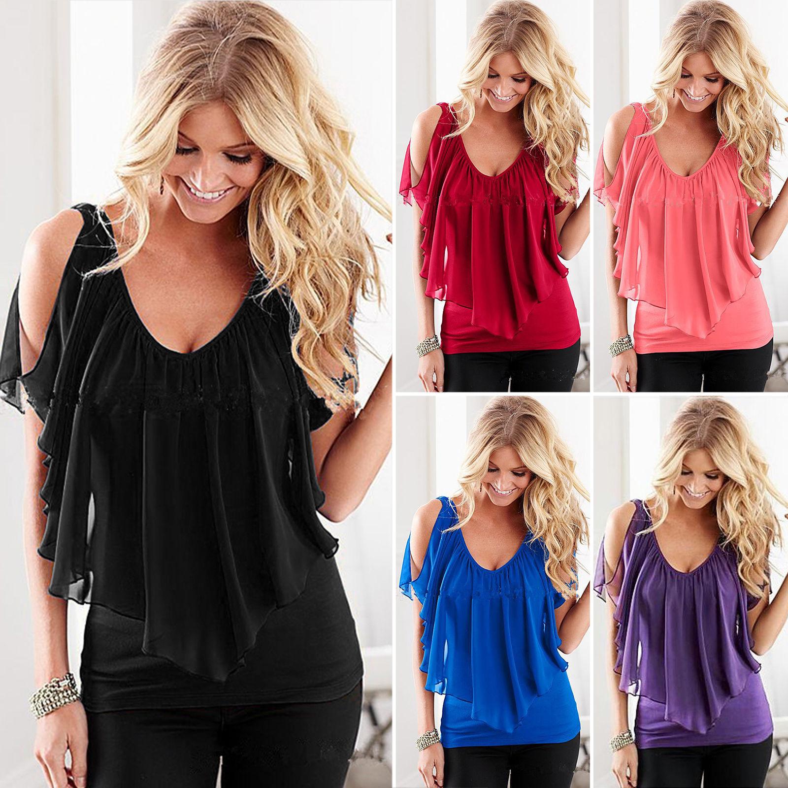 Blusa de hombros descubiertos con cuello en V para mujer, camiseta informal de gasa de verano, Tops
