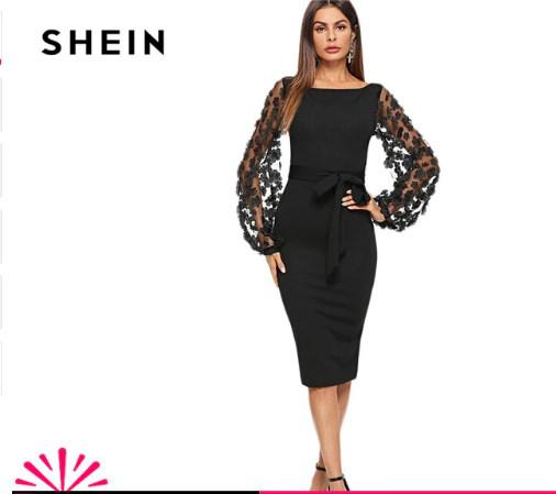 SHEIN Fiesta negra elegante flor aplique contraste malla manga ajustado